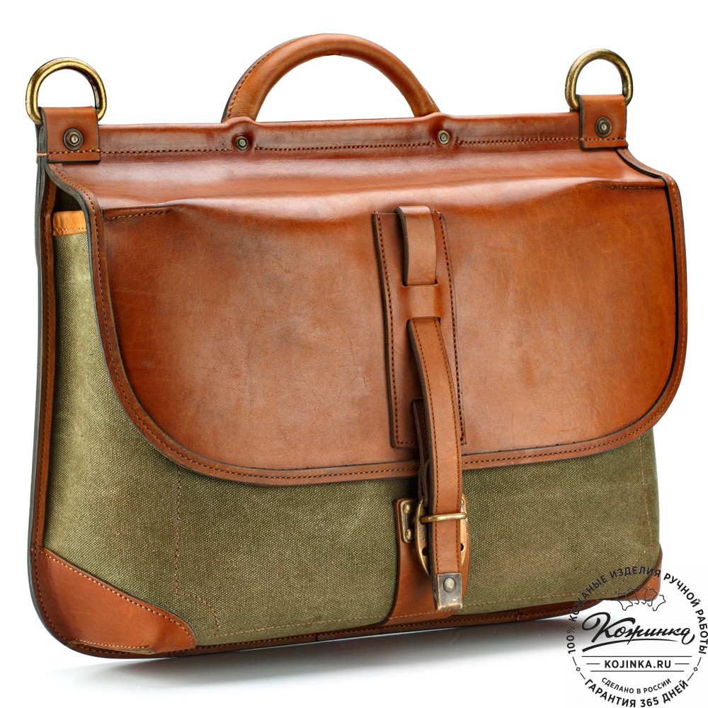 Портфель из кожи и брезента "Крокер" (коричневый с зеленым)