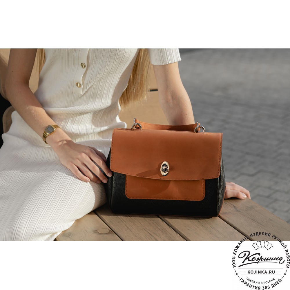 Женская кожаная сумка "Эстель" (тёмно-коричневый с оранжевым)