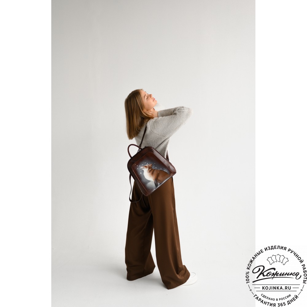 Женский кожаный рюкзак "Джорджия"  "Чешир за чаем" 