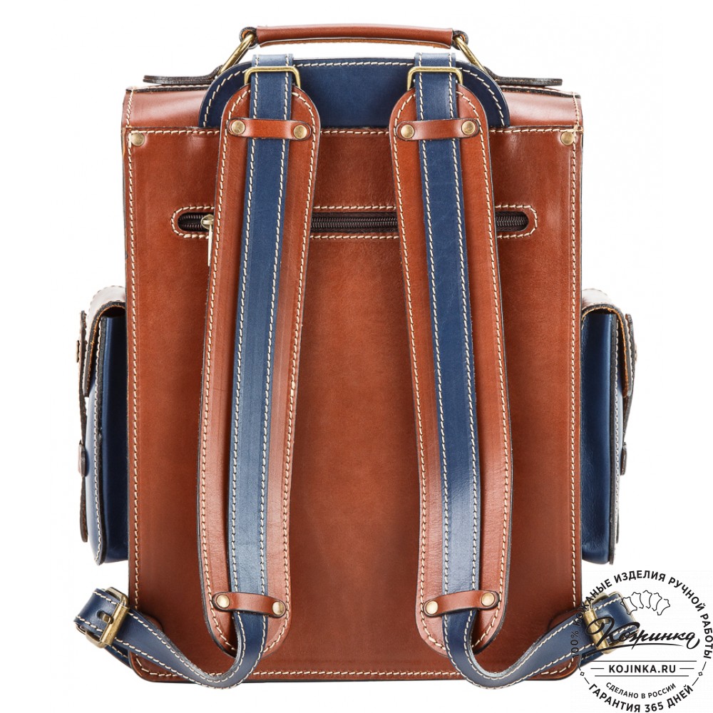 Кожаный ранец-портфель "Джон" (коричневый с синим)