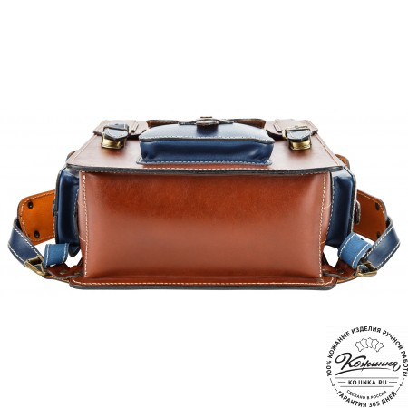 Кожаный ранец-портфель "Джон" (коричневый с синим)