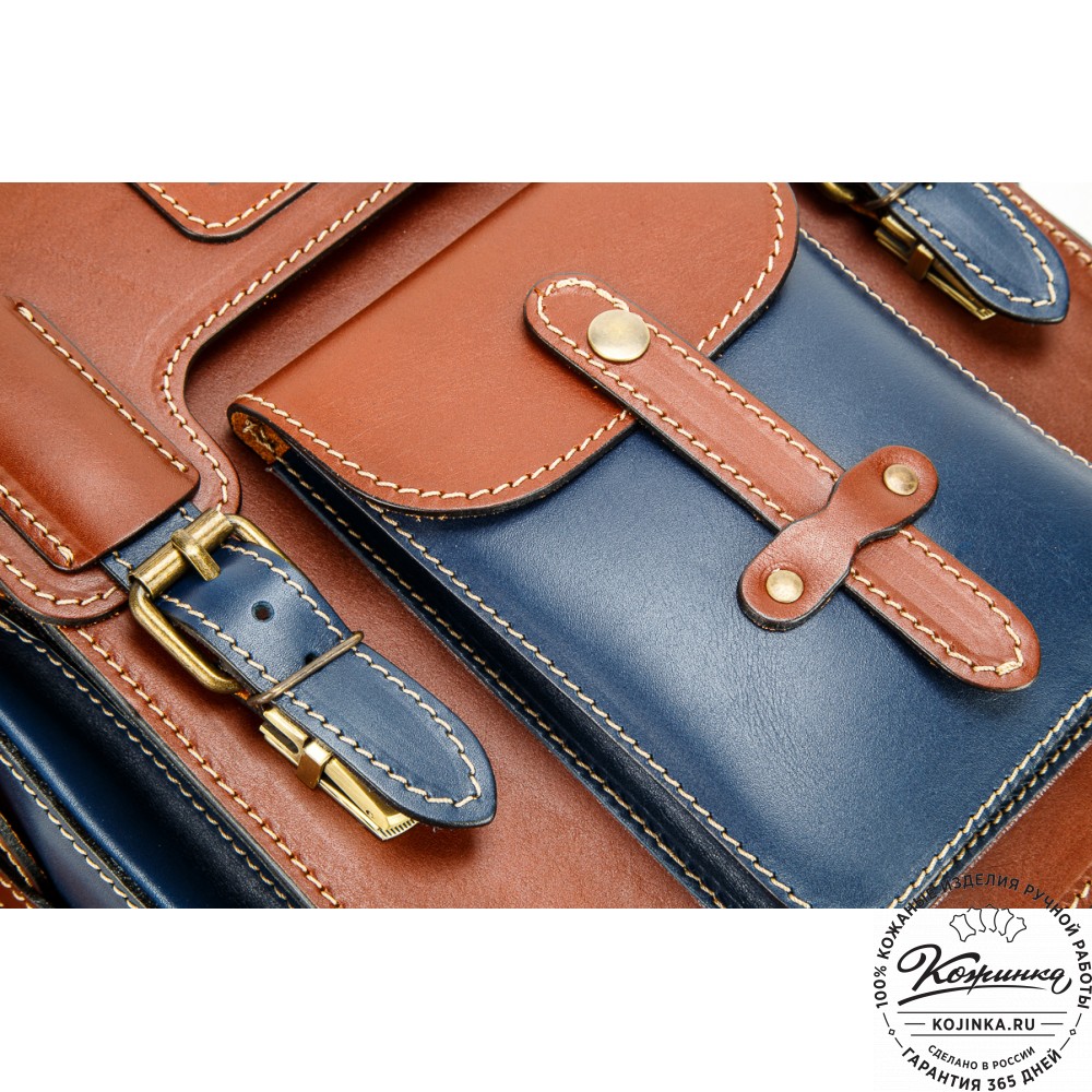 Кожаный ранец-портфель "Джон" (коричневый с синим)