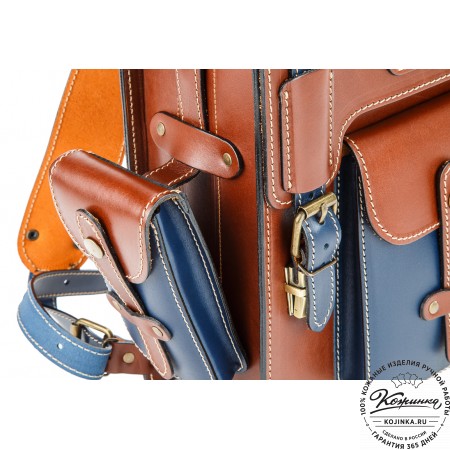 Кожаный ранец-портфель "Джон" (коричневый с синим)