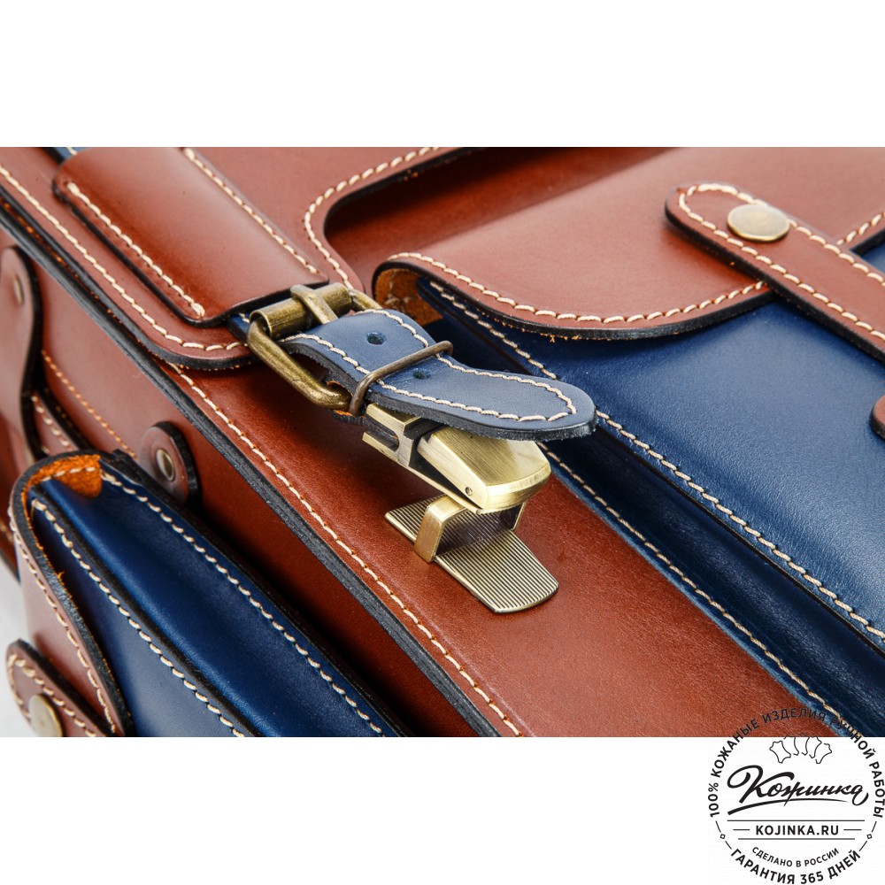 Кожаный ранец-портфель "Джон" (коричневый с синим)
