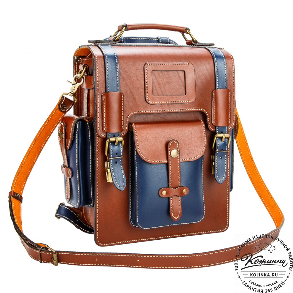 Кожаный ранец-портфель "Джон" (коричневый с синим)