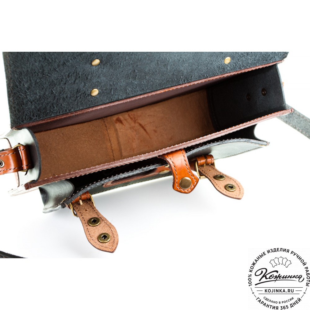 Кожаный портфель "Сатчел"  (чёрный с рыжим)